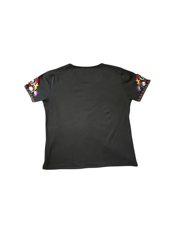 Mexican Embroidered Peasant Blouse Black Floral LG - Image 2