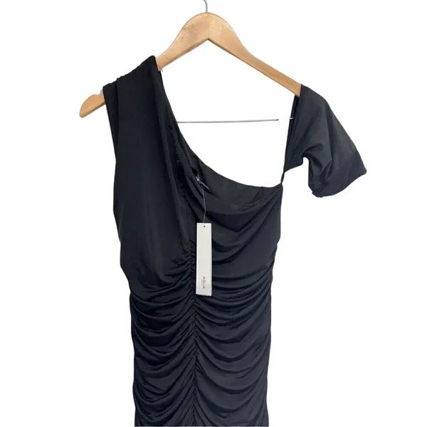 Aqua Formal Black One Shoulder Ruched Mini Dress Cold Shoulder Side Zip M NEW - Image 4
