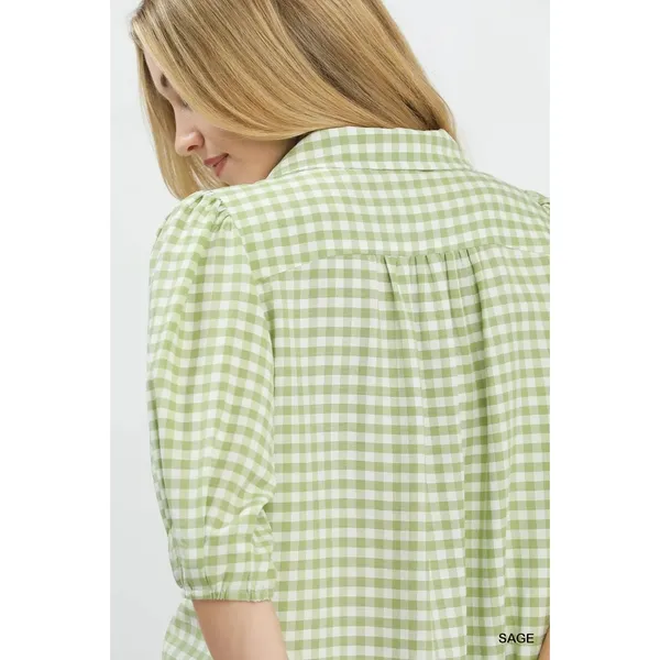 Umgee Gingham Puff Sleeve Collared Blouse - Medium - Image 4