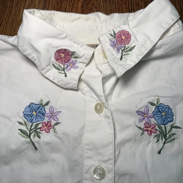 90s New Direction White 100% Cotton Floral Embroidered Top Womens M‎ Cottage - Image 3