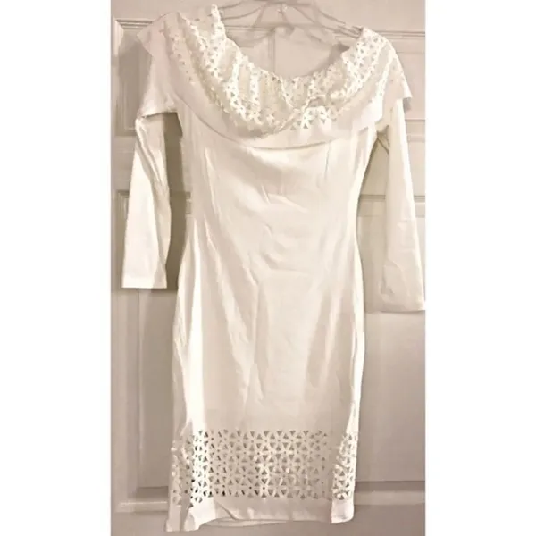 White Laser Cutout Off The Shoulder Ruffle Dress - Image 4