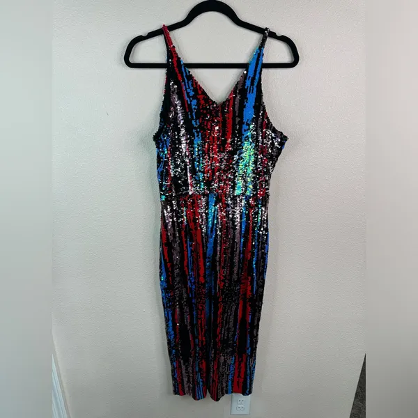 Dress the Population Multicolor Sequin Striped V-Neck Midi Dress - Image 4