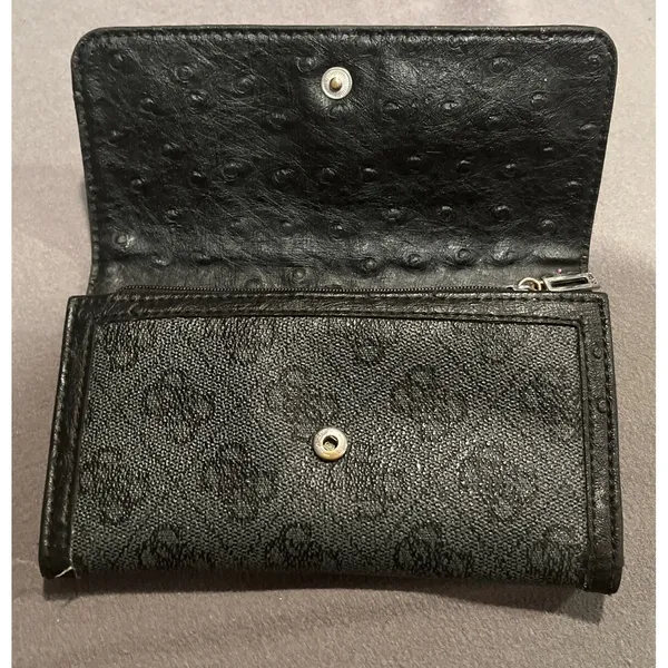 GUESS Trifold Wallet Black Charcoal Logo Pattern Canvas Snap Closure - Image 7