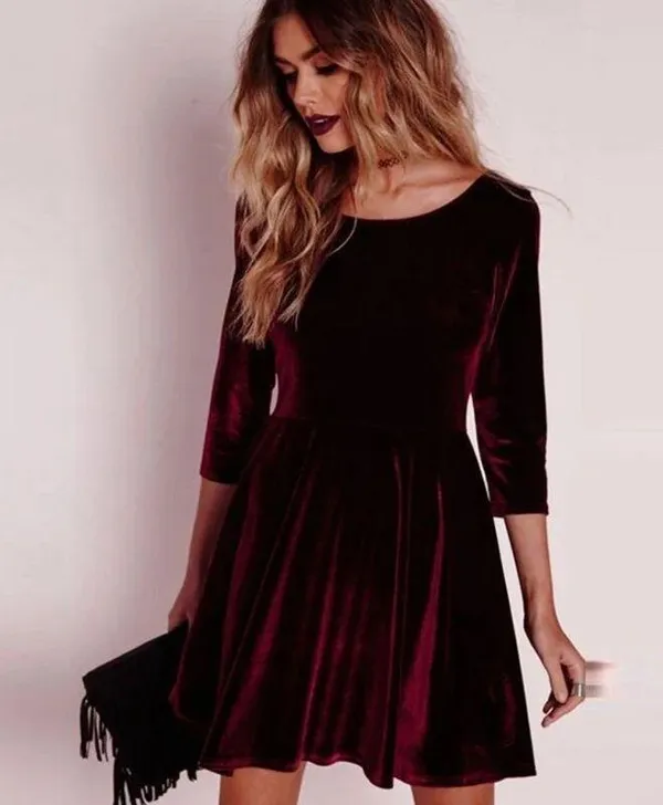 Red velvet fit flare dress skater size small stretchy - Image 2