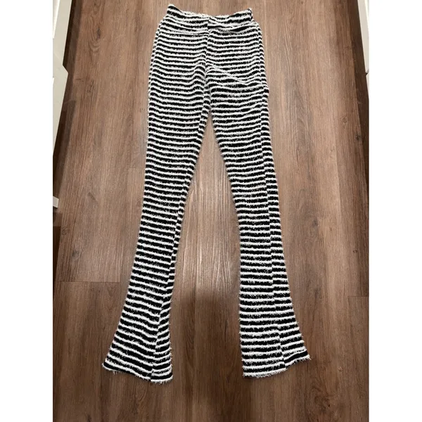 Black White Stripe Flare‎ Leg Pants High Waist Textured Knit Size M - Image 2