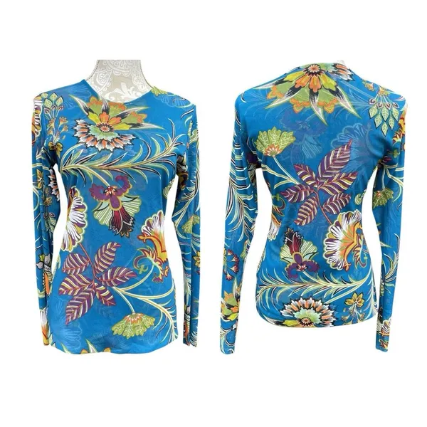Petit Pois Viviana G Mesh Top Size L Sheer Exotic Flowers Peacock Artsy Boho - Image 2