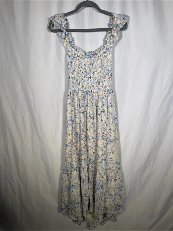 American Eagle Womens Blue Floral Flutter Sleeve Smocked Open Back Dress Large - Image 2