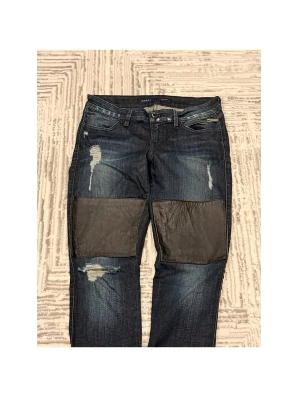 GUESS women's 27" waist blue denim skinny jeans with black leather ankle zippers - Image 4