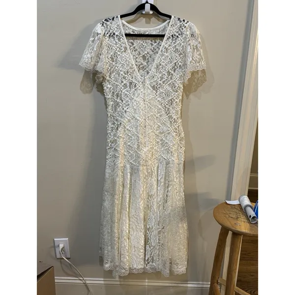 Vintage Lace Dress Size 12 Cream Ribbon Sequin Victorian‎ Romantic Delicate - Image 7