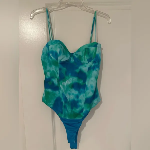 Blue/Green Watercolor Satin Effect Bustier Bodysuit - Image 4