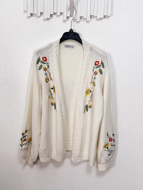 Miss Sparkling Ivory Floral Embroidered Open Front Cardigan Cable Knit Sweater - Image 2