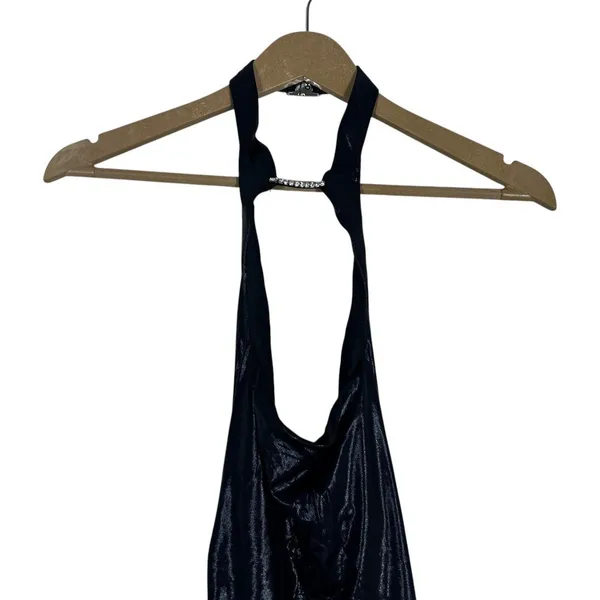 Oh Polly Ruched Metallic Halter Cowl Neck Mini Dress Black Glam Night Out Size 4 - Image 2