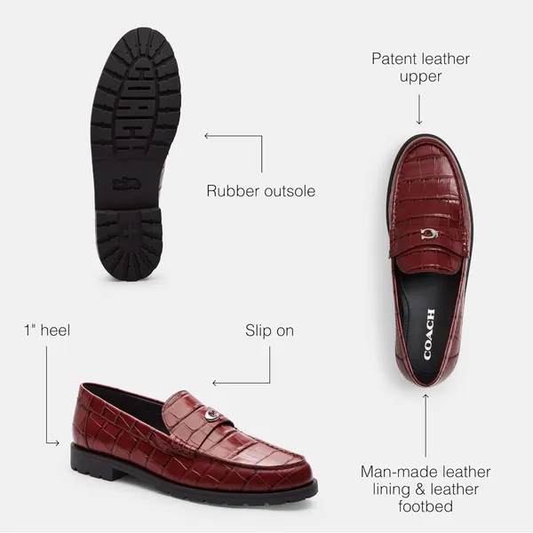 Coach Jocelyn Croc Embossed Dark Ruby Red Leather Slip On Penny Loafers Flats - Image 5