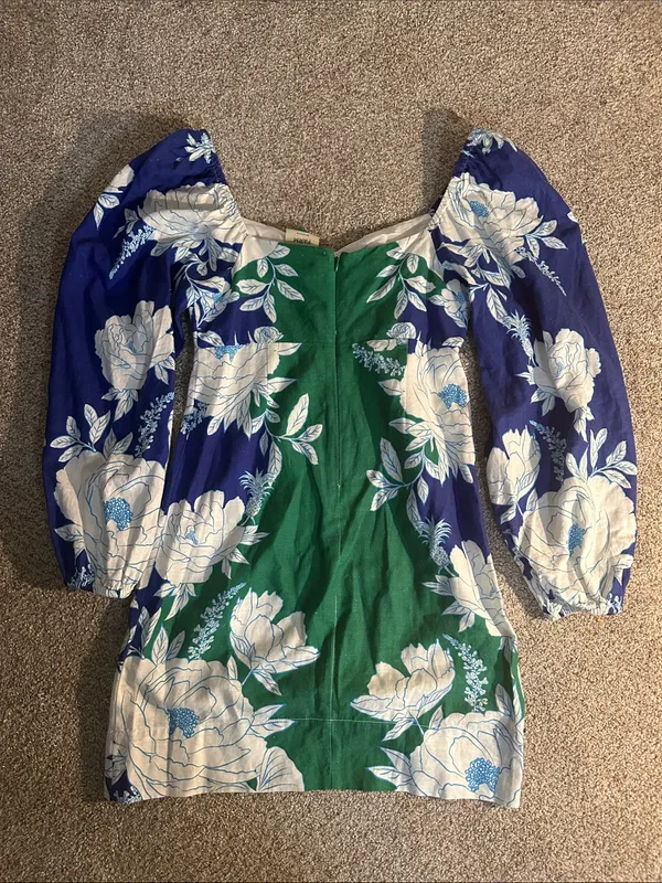 Farm Rio Soft Linen Green & Blue Floral Long-Sleeve Mini Dress - Image 4