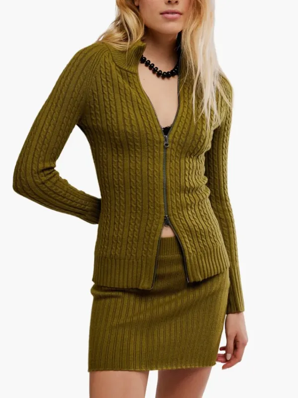 NWT Free People Eliza Cable Zip-Up Cardigan & Rib Miniskirt 2PCS Set Green M - Image 7