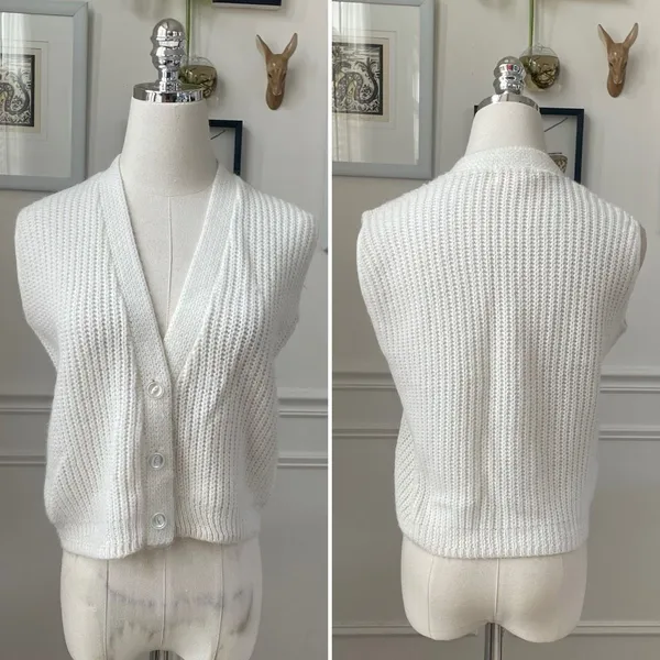 Vintage 60s Glentex Ivory Wide Ribbed Cropped Sweater Vest S - Image 2