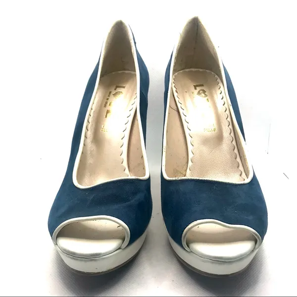 Love Made In Italy Blue Suede Peep-Toe Pumps With White Leather Trim (40) - Image 5