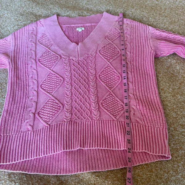 Aerie Womens Pink Cable Knit V-Neck Sweater 100% Cotton Relaxed Fit Small Fall - Image 7