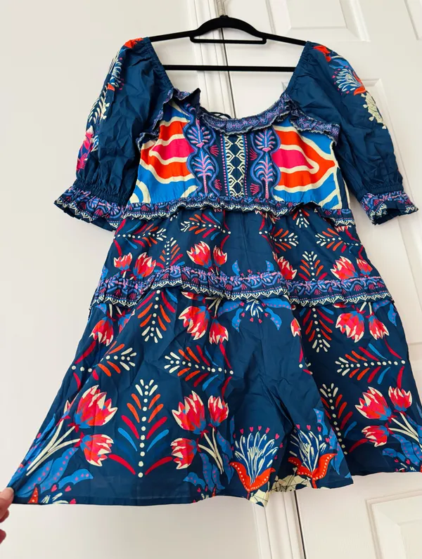 Farm Rio Puff-Sleeve Ruffled Floral Cotton Romper, Size S/M - Image 12