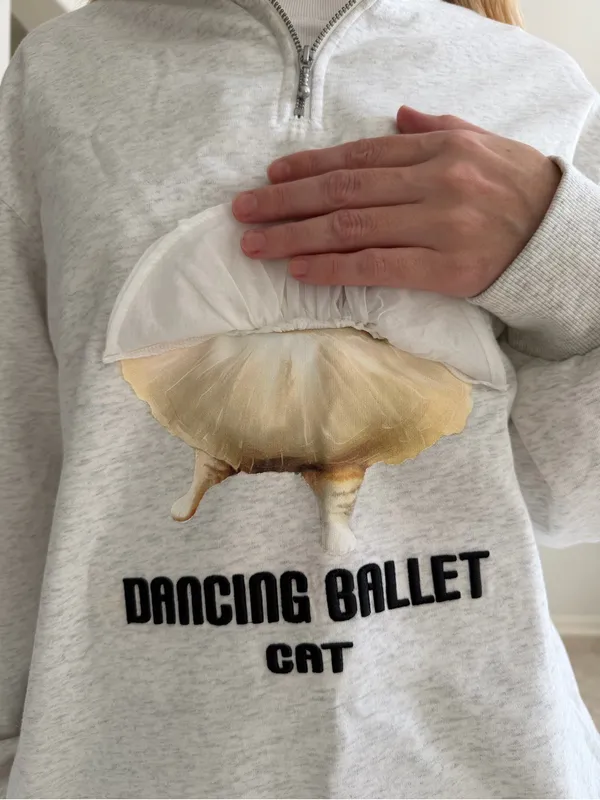 Maden Dancing Ballet Cat Half-Zip Sweatshirt Gray Size L - Image 3