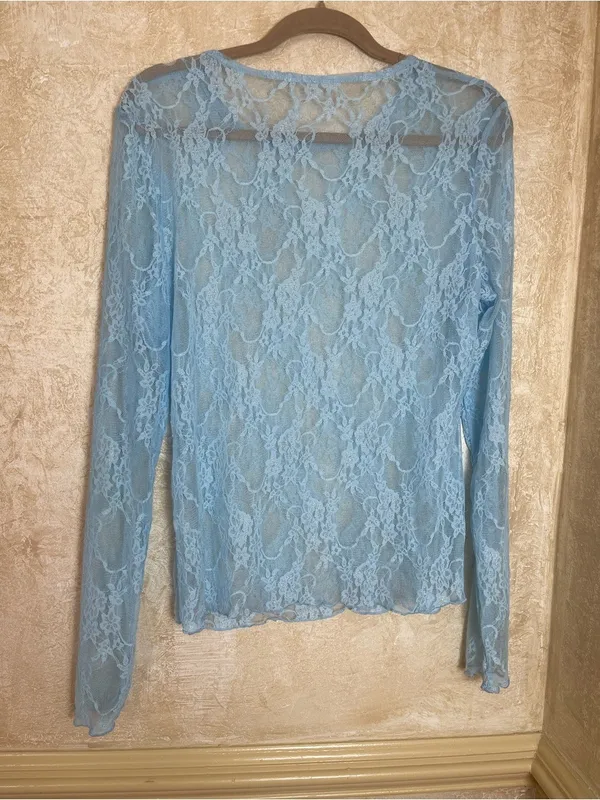 Y2K Baby Blue Sheer Floral Lace Mesh Long Sleeve Top Plus Size 2XL Fairycore - Image 4