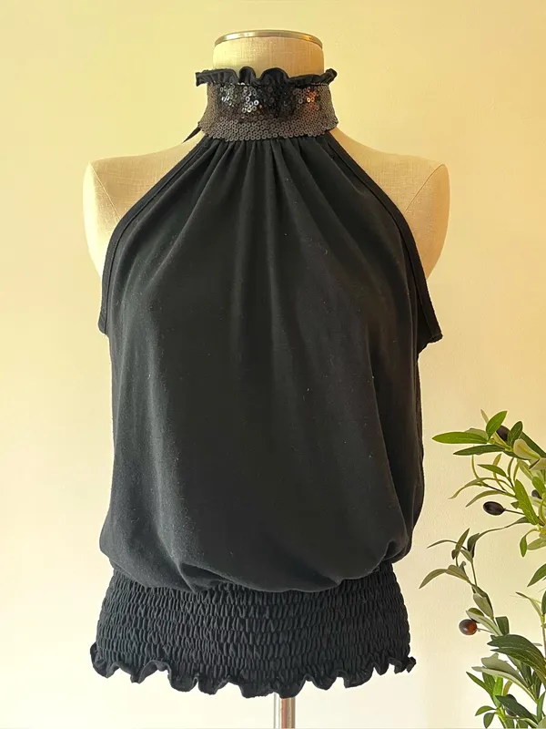 Y2K vintage Black Halter Neck Sequin neck Top Size M - Image 2