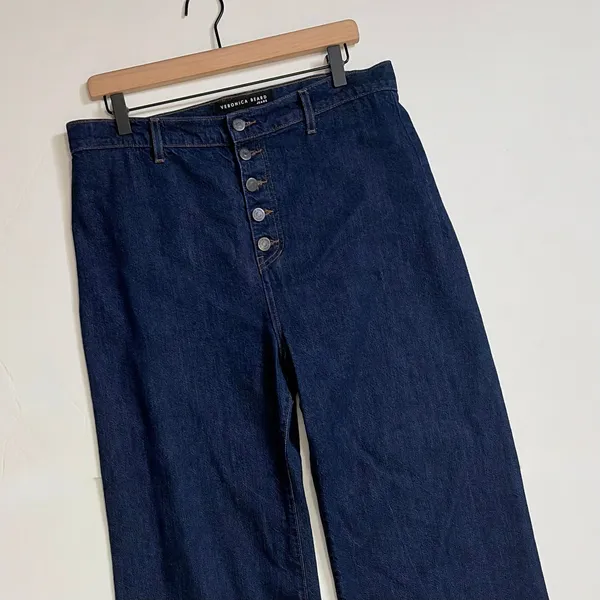 VERONICA BEARD Grant Wide Leg Jean Indigo Blue High Rise Button-Fly Raw Hem 31‎ - Image 3