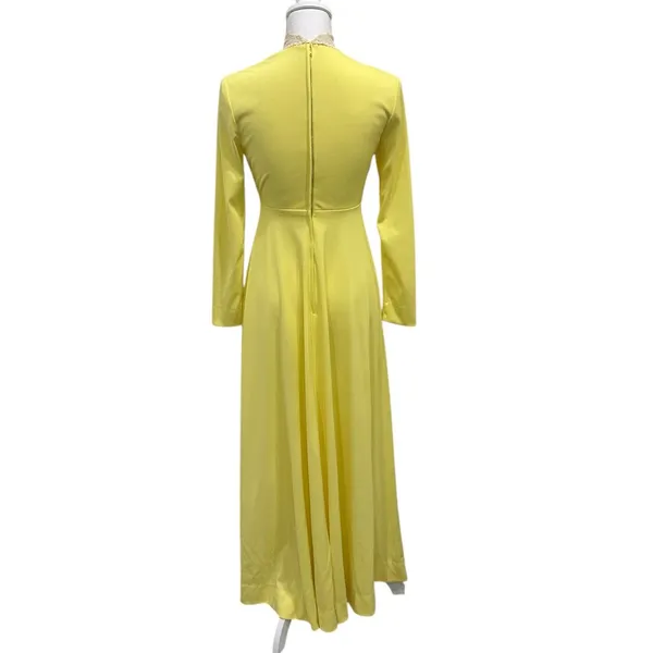 Vintage 1970s Victorian Edwardian Revival Yellow Lace Neck Maxi Dress Costume XS - Image 4