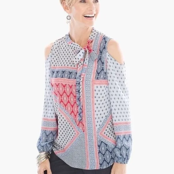 Chicos Cold Shoulder‎ Tie Neck Patchwork Blouse Red White Blue Size 2 Large - Image 2