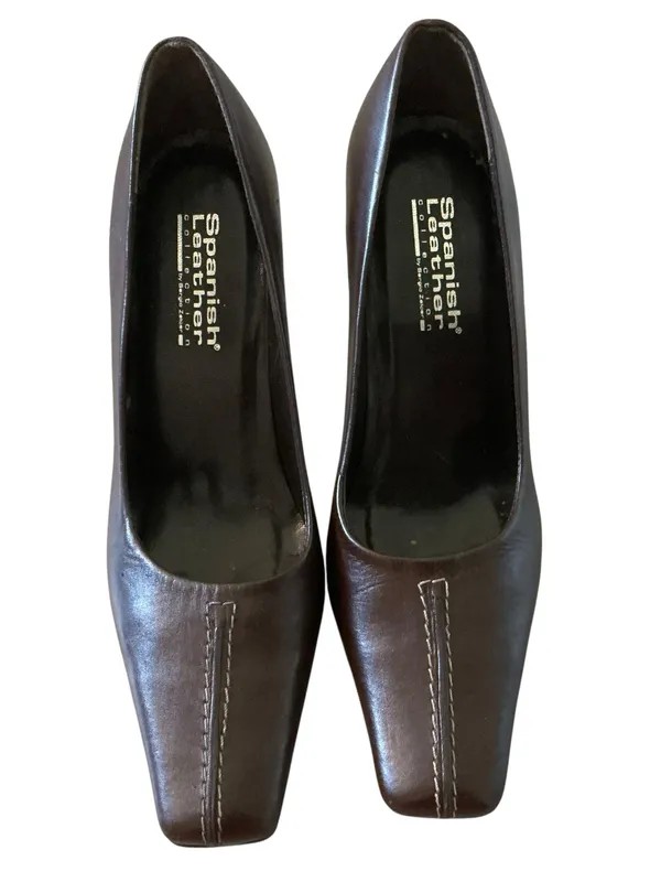 Vtg 90s Spanish leather by Sergio Zelcer pumps brown square toe heels shoes 6 - Image 3