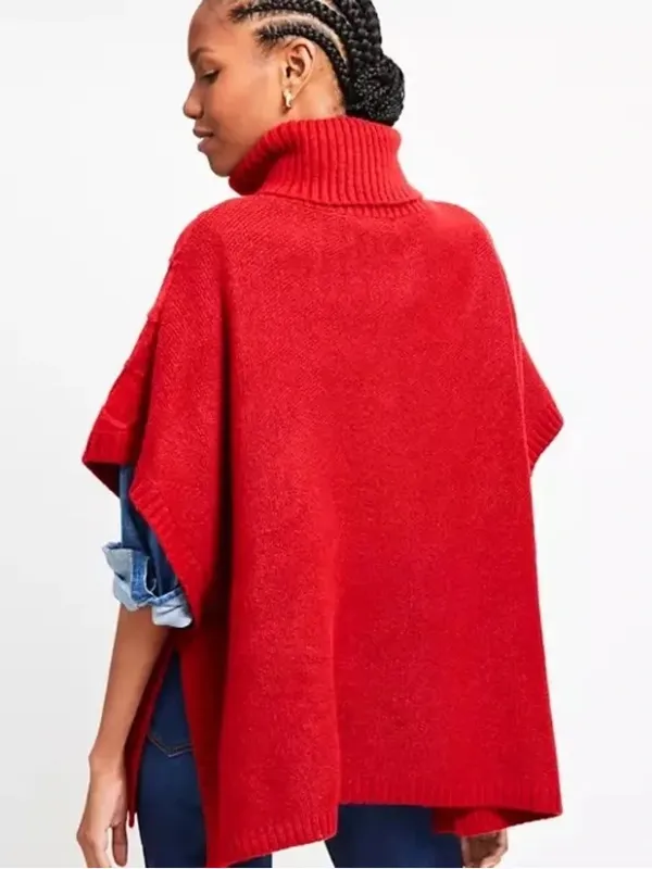 Loft Red Lattice Cable-Knit Turtleneck Sweater Poncho XS/S NWT - Image 3