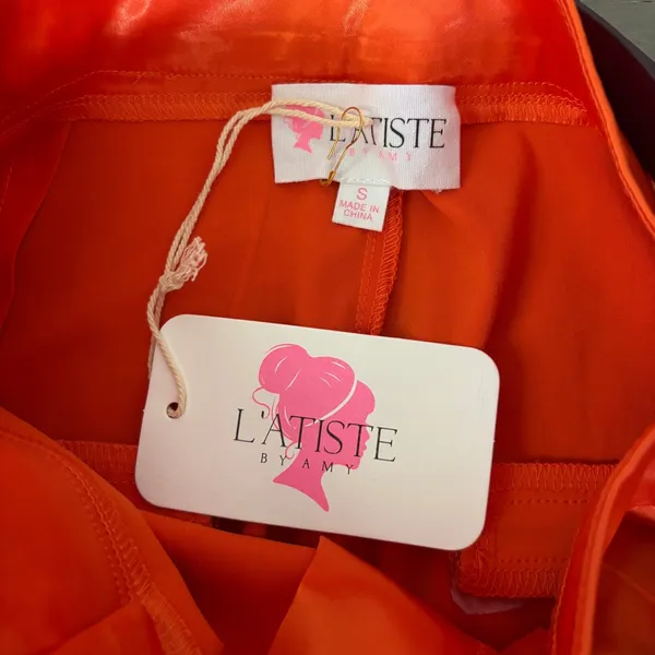 NWT L'ATISTE by Amy Vibrant Orange Satin Trousers w/ Belt Sz S Dopamine Dressing - Image 3