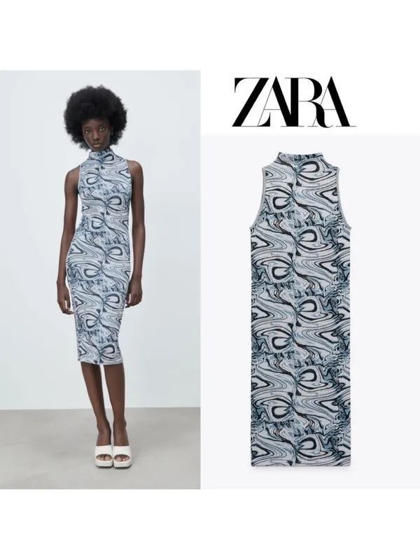 ZARA Marble-Print Sleeveless Midi Dress in Blue and White - Image 2