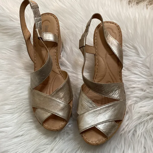 Born Criss cross metallic leather cork platform slingback Summer wedges - Image 3
