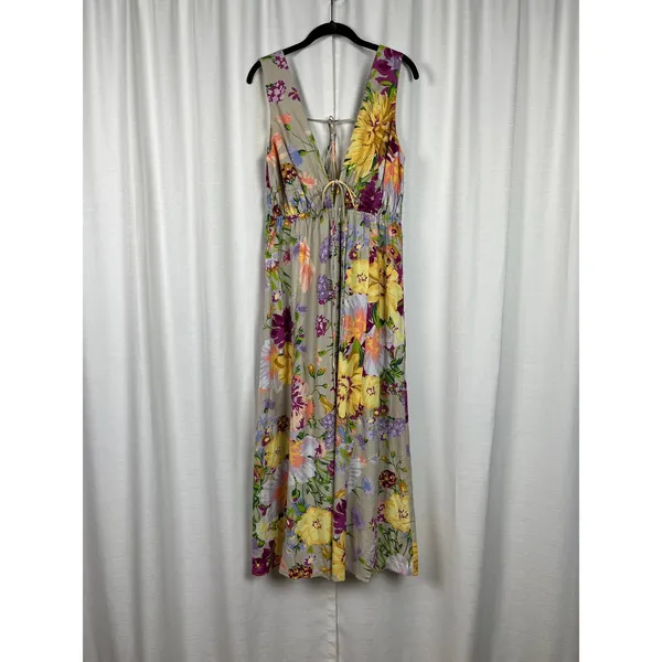 H&M Brown Purple&Pink Floral Deep V Linen&Cotton Maxi Dress Sz.M - Image 4