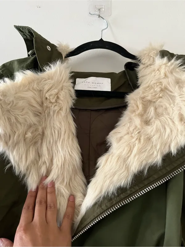 Zara Olive Green Faux Fur Hooded Parka Jacket XS Utility Military Winter Outdoor - Image 5