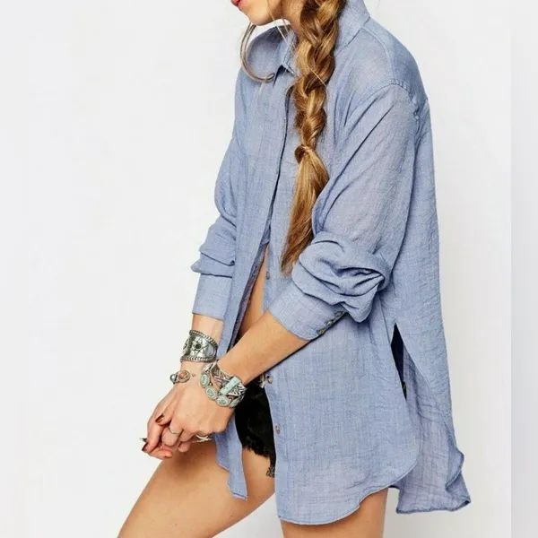 Free People Thats a Wrap Shirt in Chambray Combo Blue - Image 6