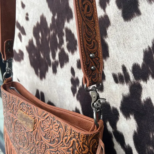 Wrangler Tooled Leather Cross Body Brown Fringe LARGE NWT floral western purse - Image 2