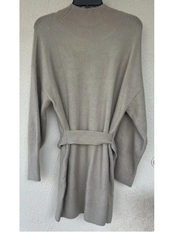 & Other Stories Beige Knit Sweater Dress M Belted Mock Neck Thick Oversized Prep - Image 8