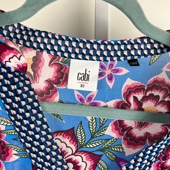 Cabi Floral V-Neck Shift Dress Sheer‎ Sleeve Blue XS 5612 - Image 4