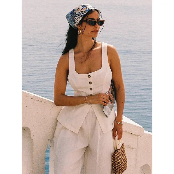 L*Space Sofie Vest White Linen Button Front Square Neck Sleeveless Top - Image 5