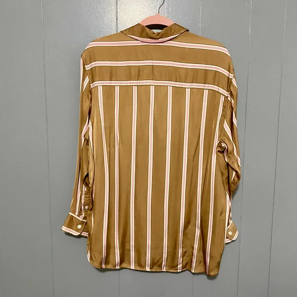 Aerie Tan Striped Satin PJ-To-Party Long Sleeve Button-down Casual Shirt S - Image 9