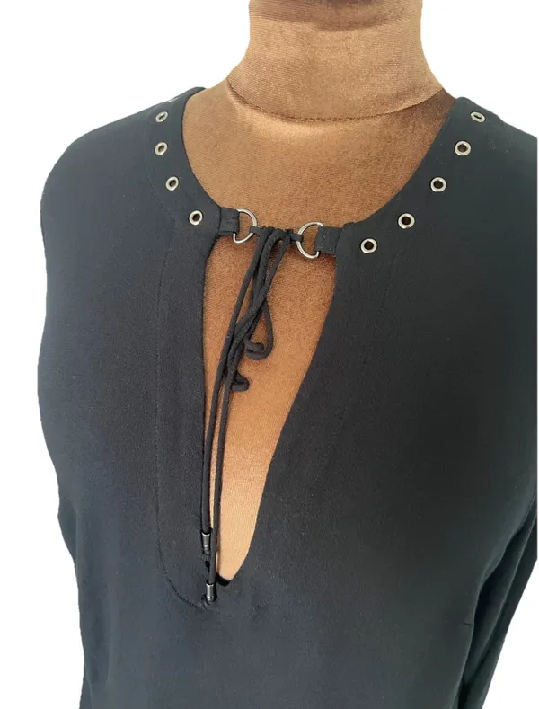 Free People Jump to The Beat Sz M Black Blouse Bell Sleeve Boho Grunge Top Lace Up - Image 7