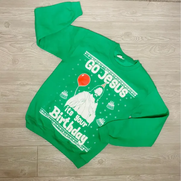 Gildan green funny religious “ go Jesus it’s your birthday “ long sleeve sweater - Image 2