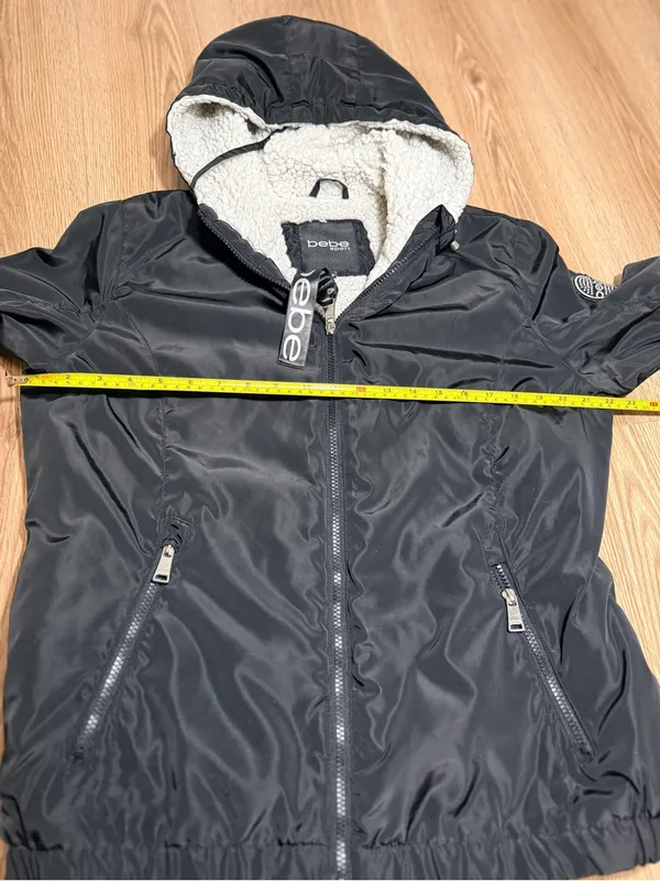 Bebe Sport Womens L Black Windbreaker Jacket Sherpa Lined Hood Full Zip Bomber - Image 5