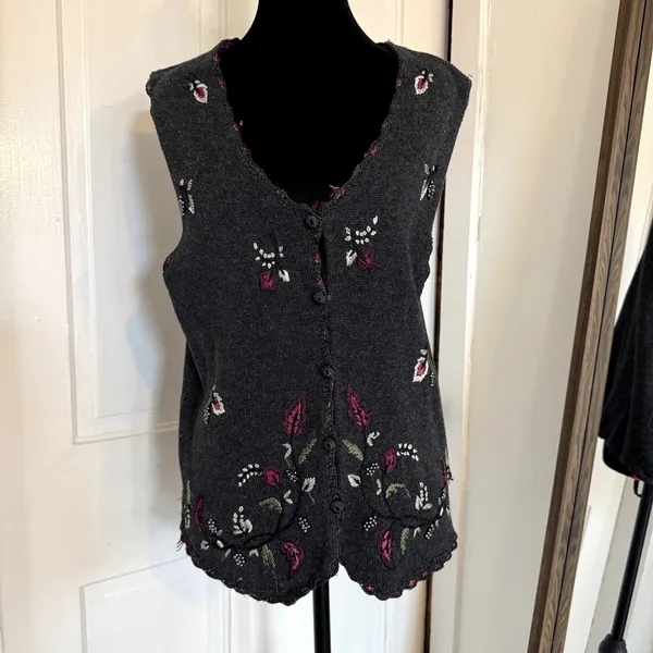 Vintage 90s Classic Elements Floral Embroidered Button Up Vest Medium Charcoal - Image 4