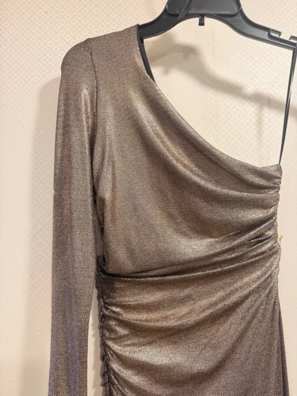 NWT Zara Metallic Bronze One Shoulder Ruched High Slit Asymmetrical Maxi Dress S - Image 7