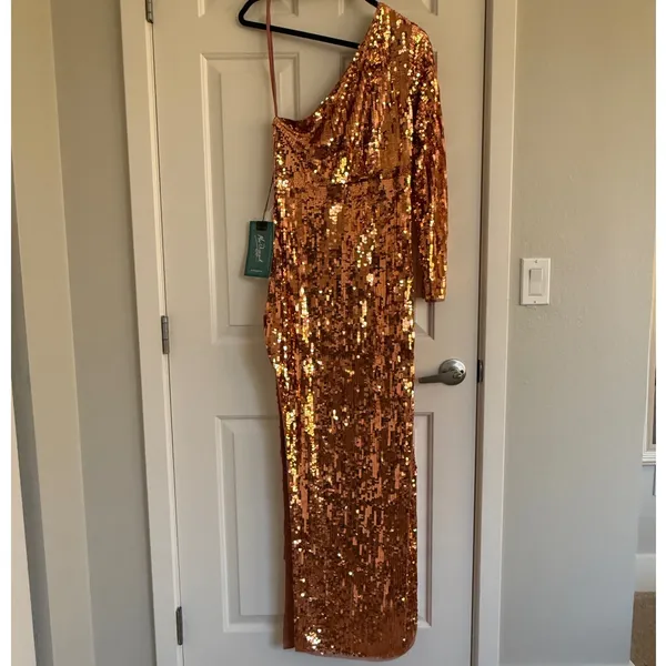 Mac Duggal 10788‎ One Sleeve High Slit Sequined Dress - Size 10 - Copper - NWT - Image 7