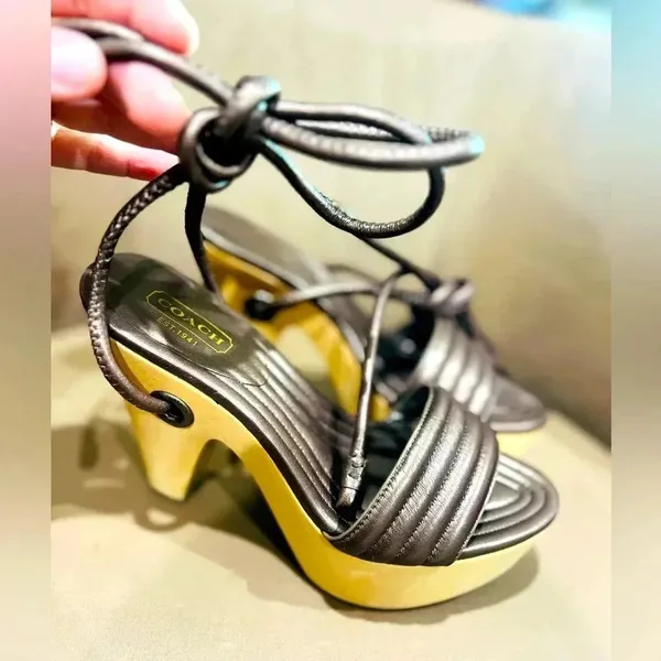 Coach Bronze Brown Leather Strappy Wooden Heel Sandals Modern Minimalist - Image 10