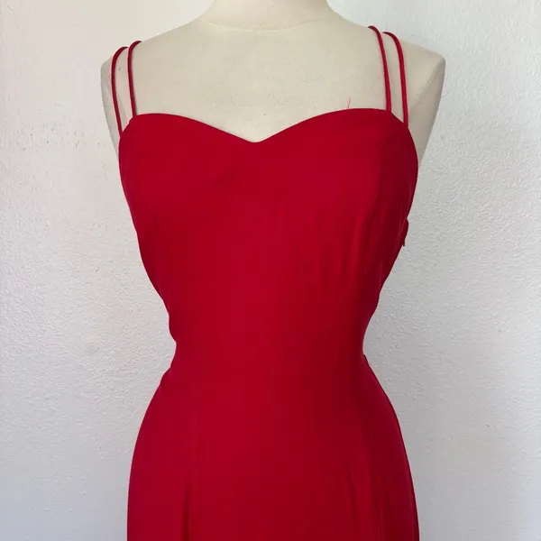 Vintage Solid Red Sleeveless Full Length Strappy Rhinestone Formal Dress - Image 5